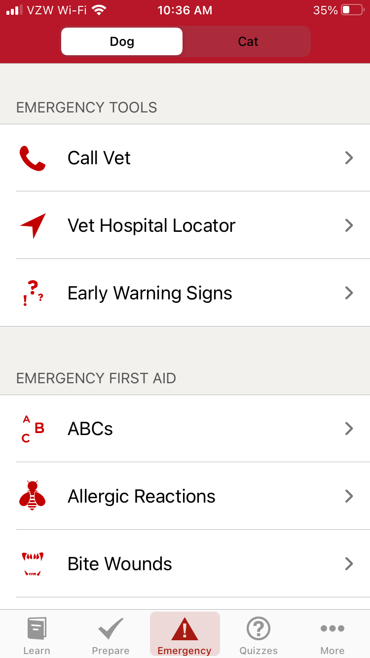 Emergency menu in Pet First Aid app
