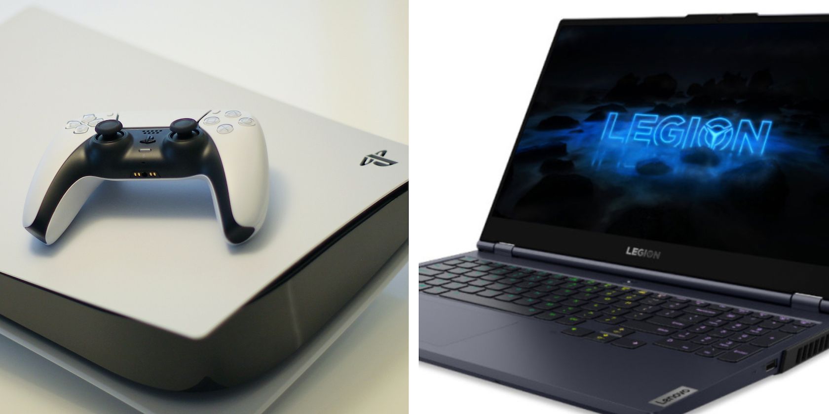 Side by side photo of a PS5 and a Lenovo Legion 7I