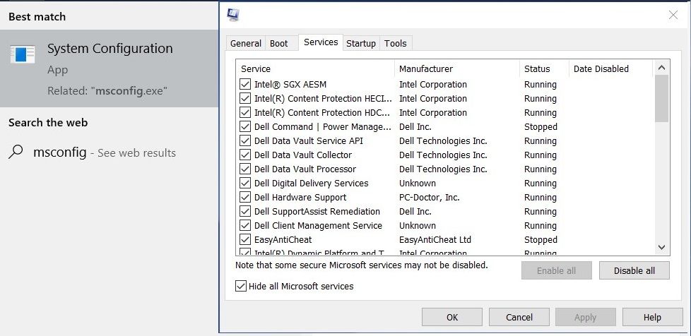 Services tab in the system configuration window