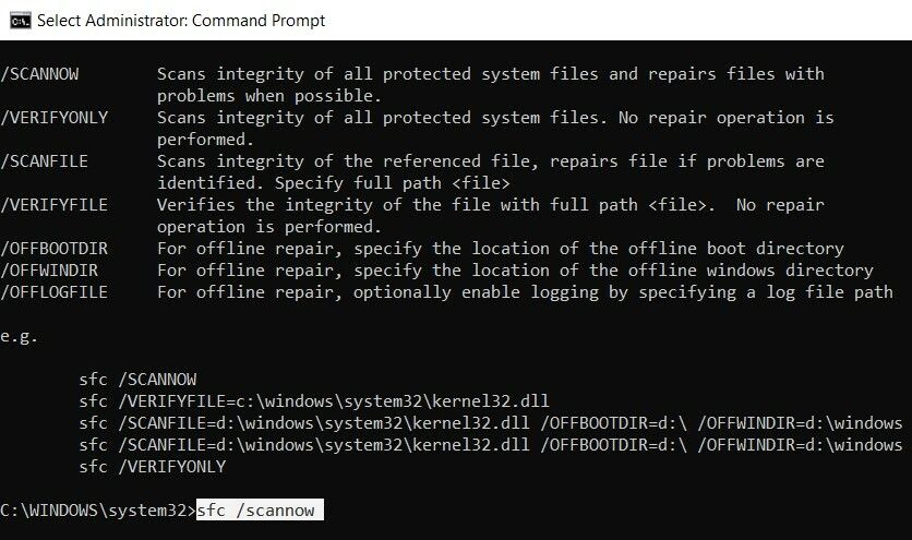 Command Prompt window with the sfc command