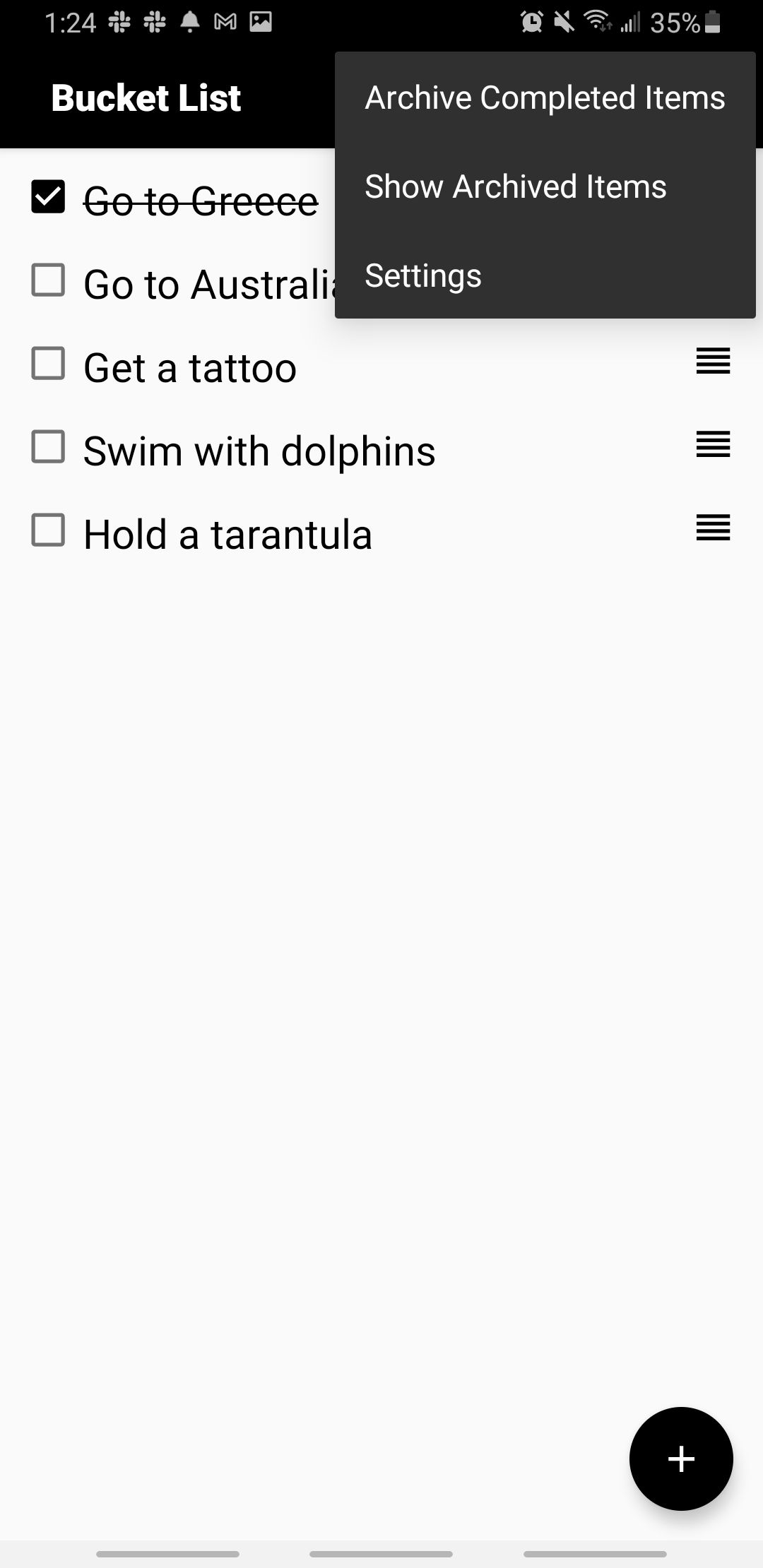 simple bucket list app showing crossed off item and archive settings