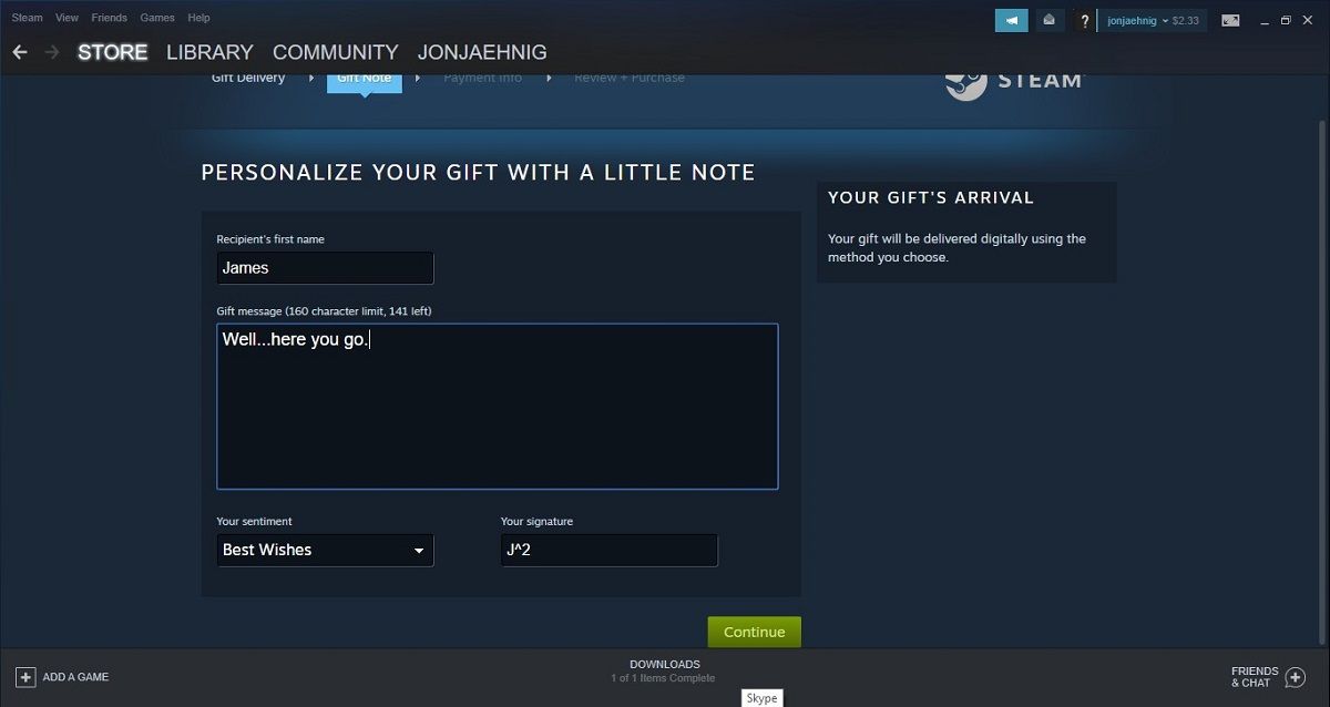 Personalizing notes on Steam gifts.