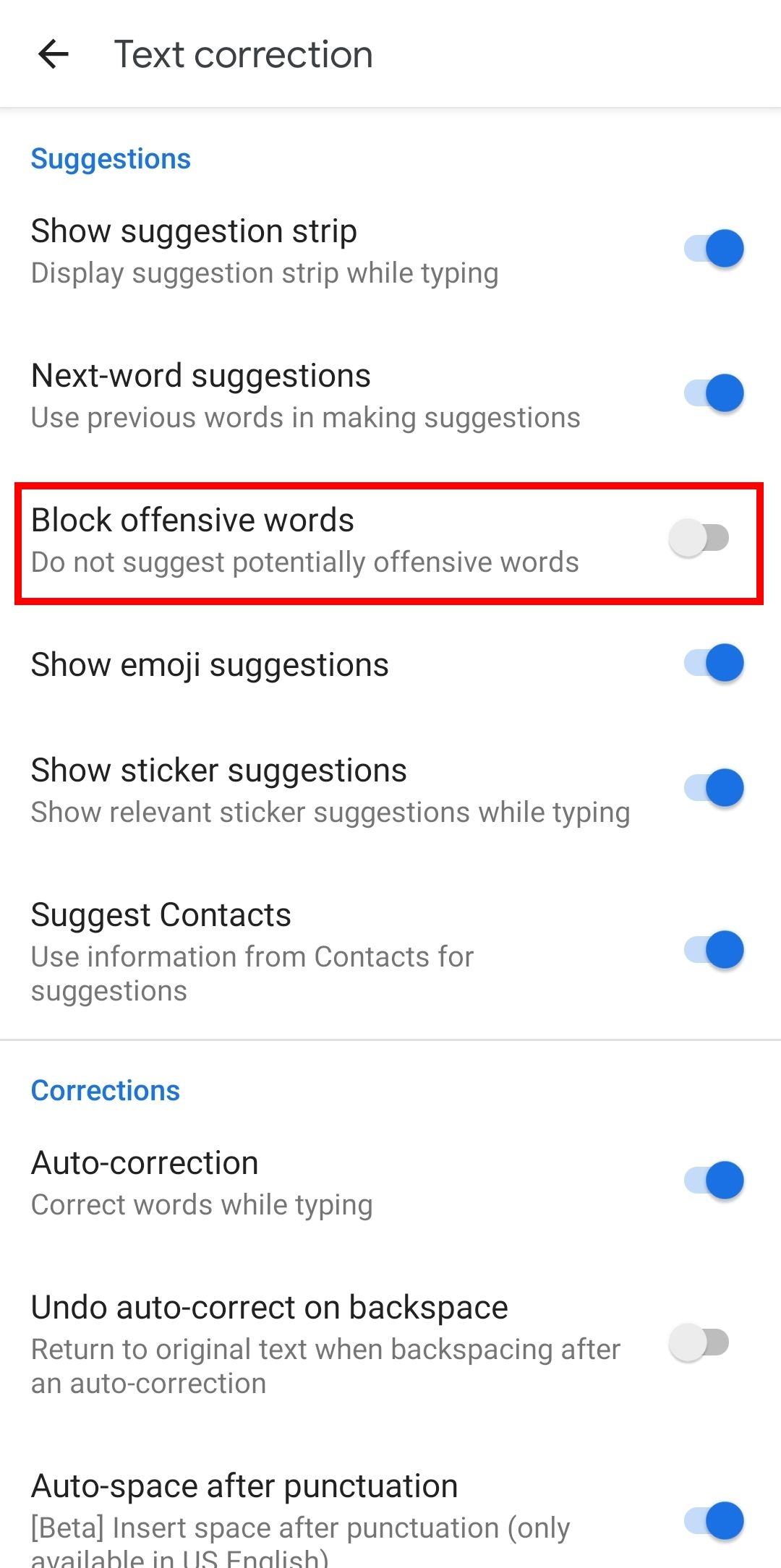 in the text-correction menu, the "block offensive words" option is highlighted