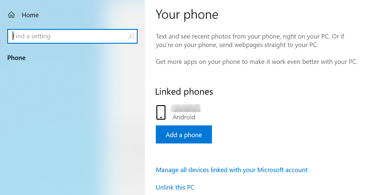 Unlink a phone on Windows 10