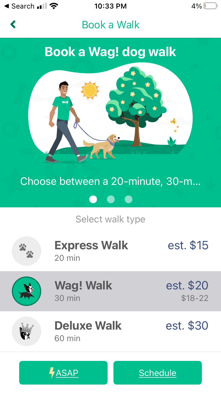 Screen showing walk options in Wag!