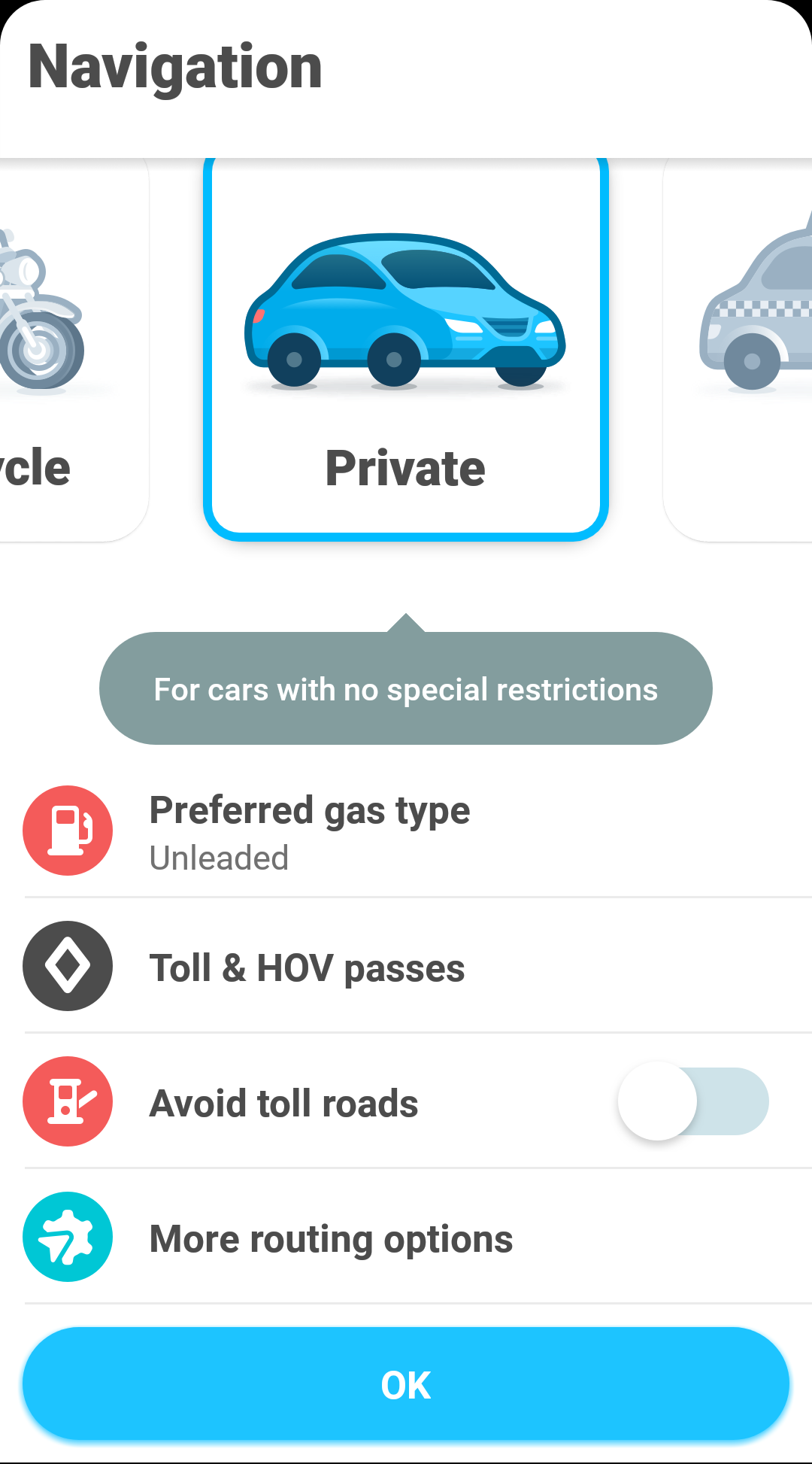 Waze Car App Vehicle Options