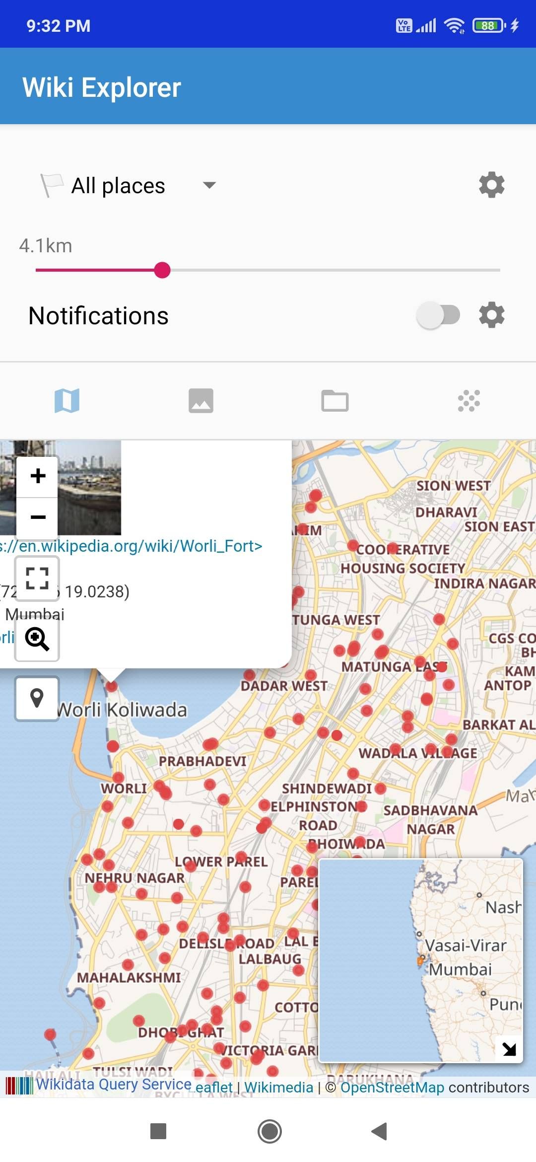 Wiki Explorer shows places with geo-tagged Wikipedia entries around you