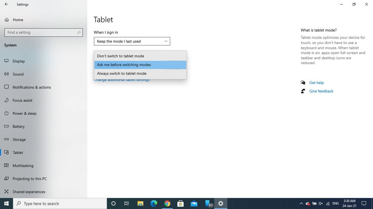 windows 10 tablet mode off