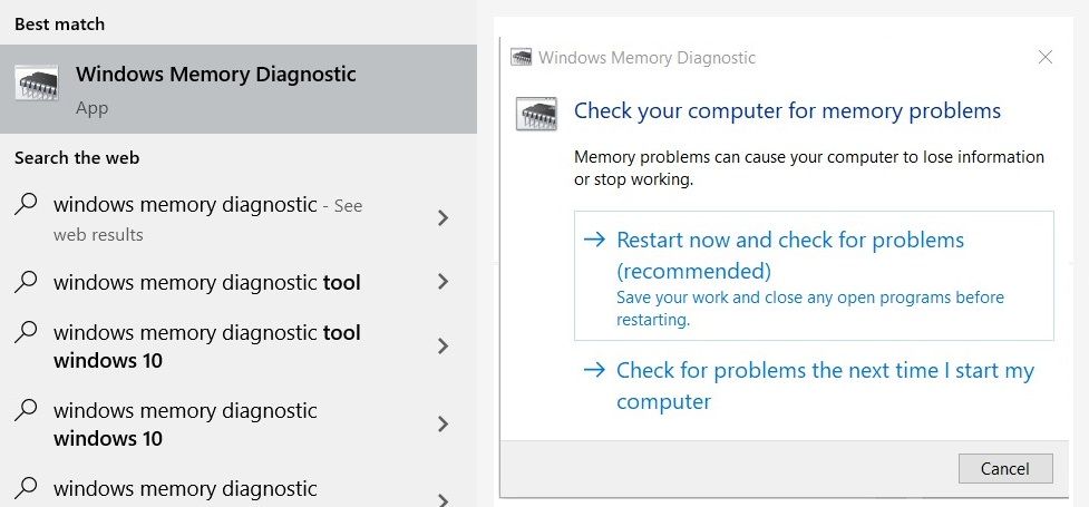 Windows Memory Diagnostic tool dialog box