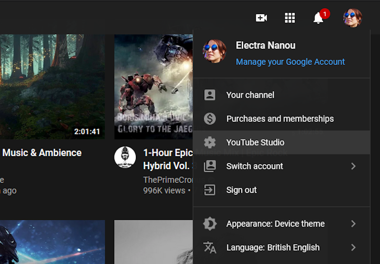 YouTube Studio on Google Account Menu