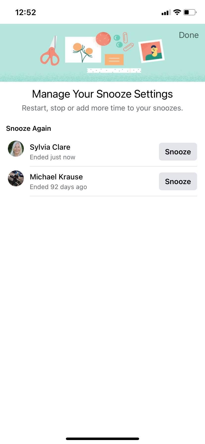 Screenshot of Facebook Snooze page
