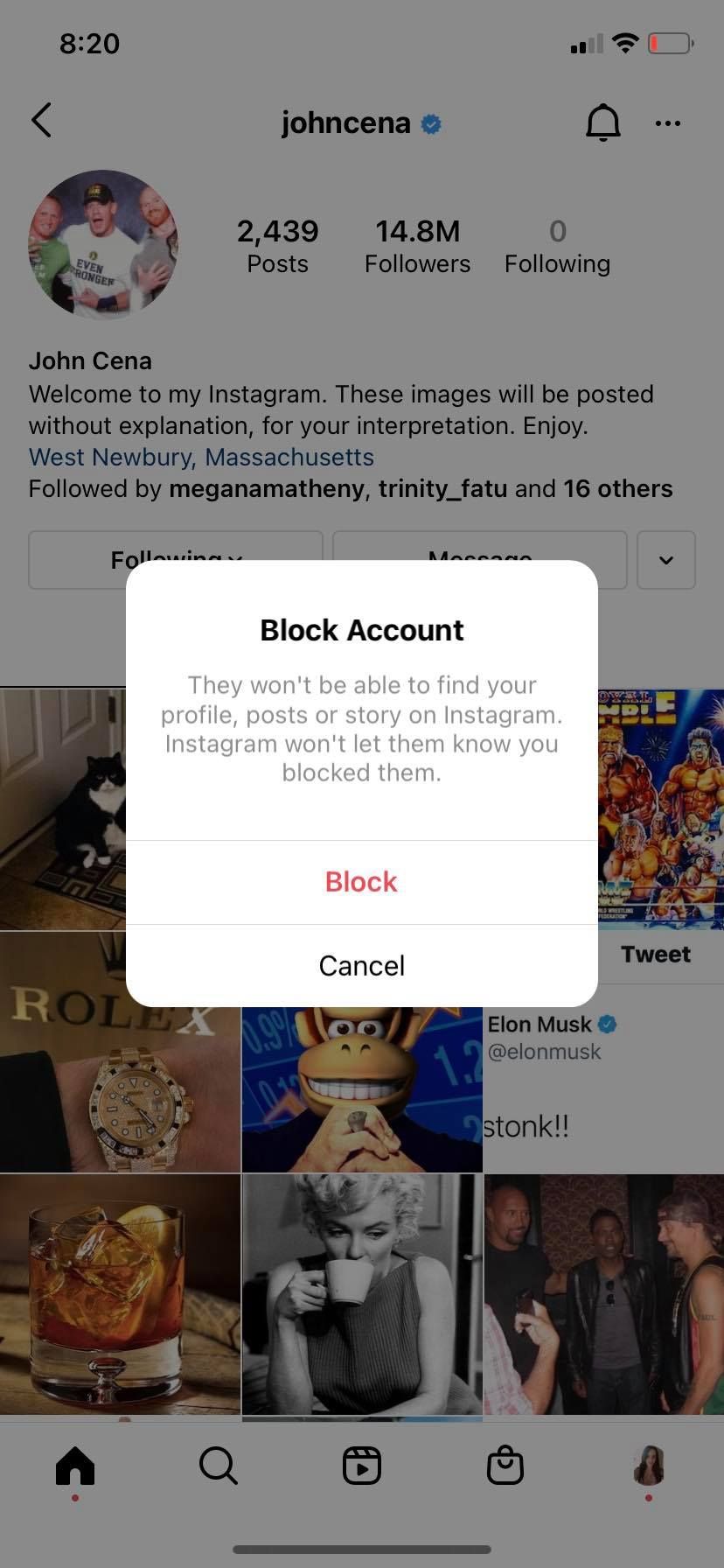 Screenshot of Instagram block account