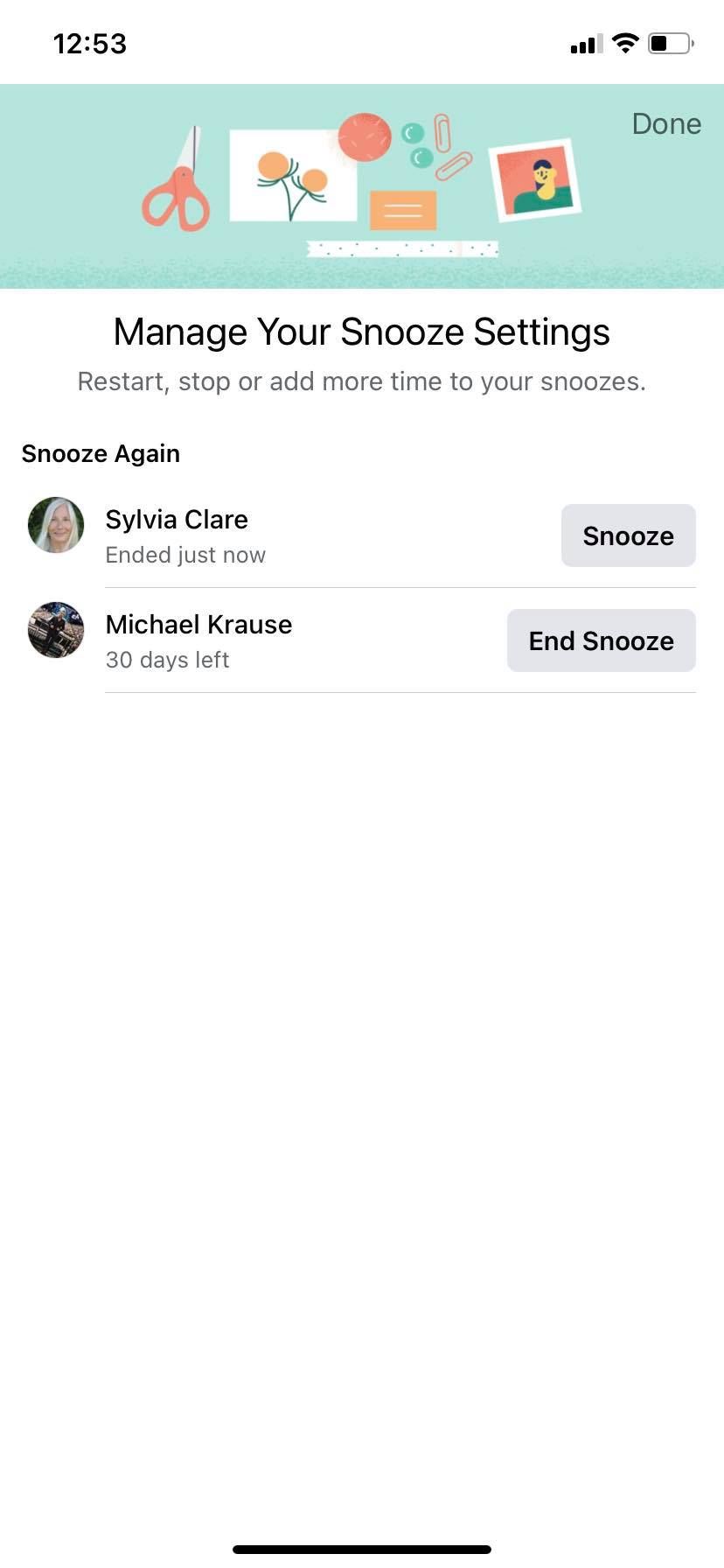 Screenshot of Facebook Snooze Feature