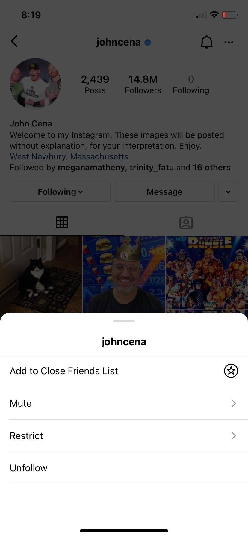 Screenshot of Instagram profile options