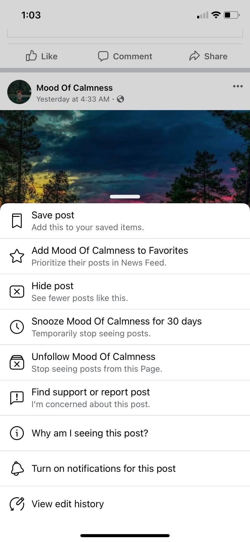 Screenshot of Facebook News Feed options