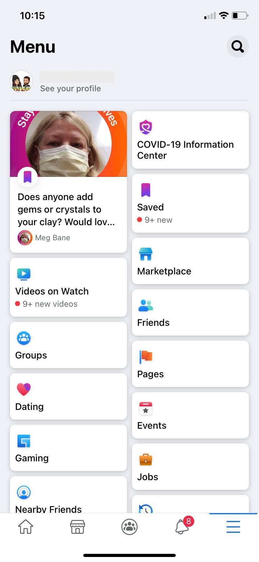 Screenshot of Facebook menu