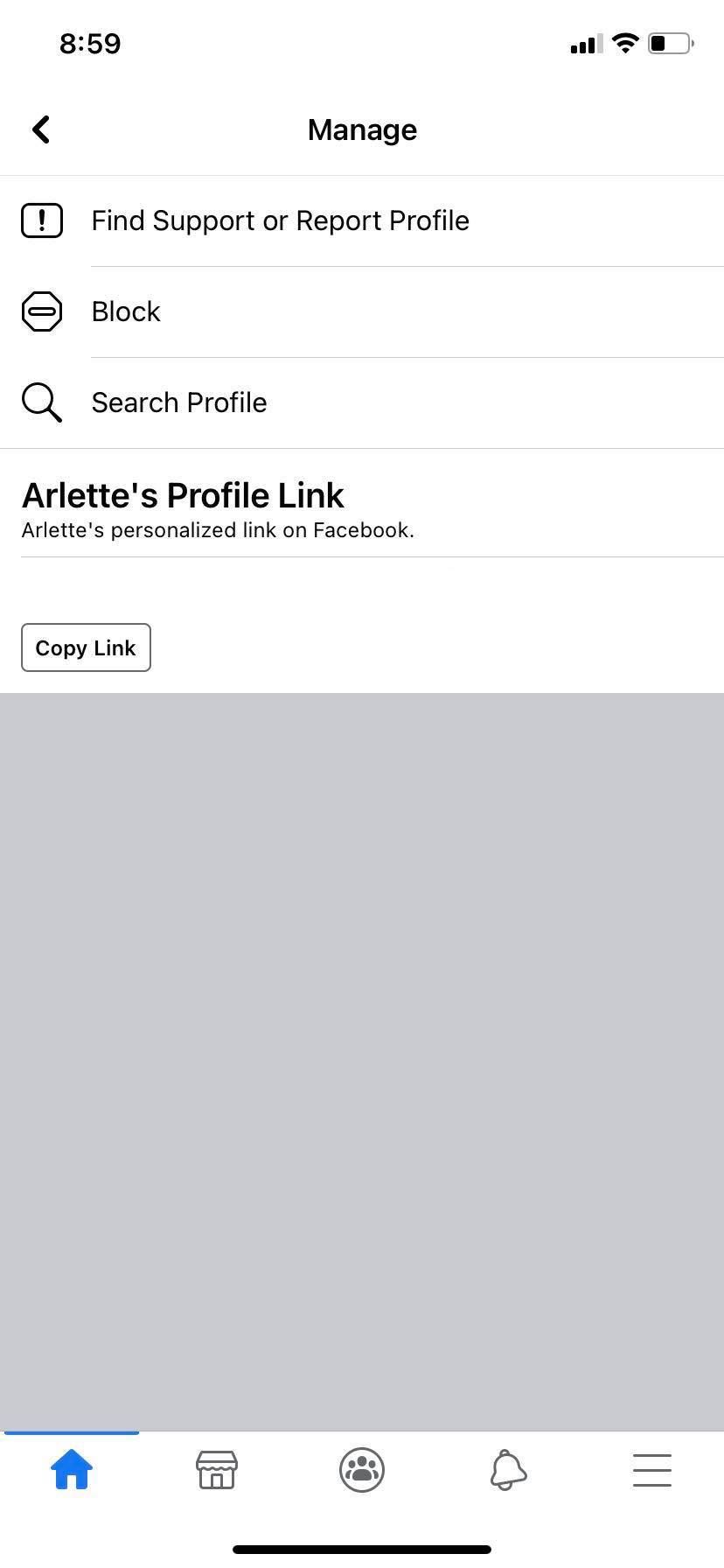 Screenshot of Facebook profile menu