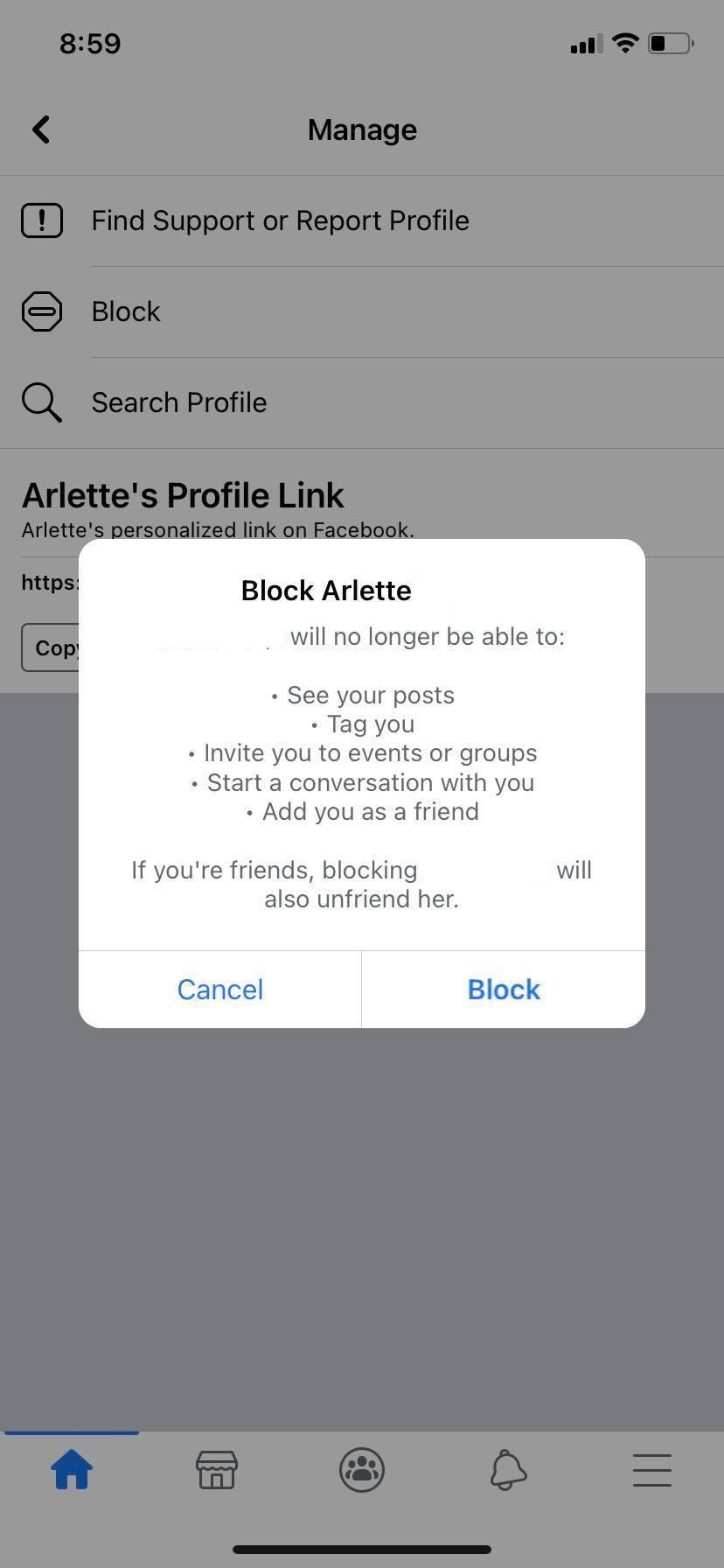 screenshot of Facebook blocking screen