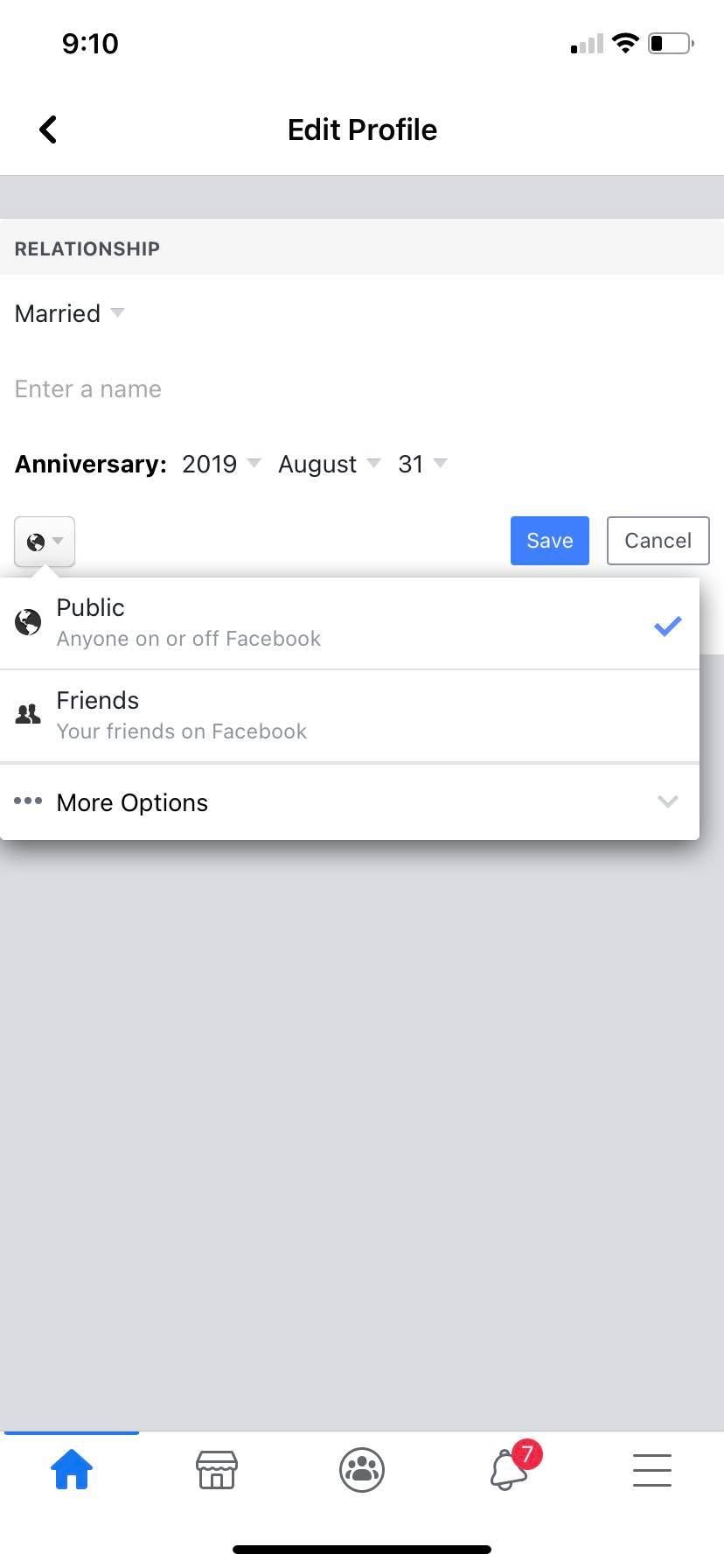 screenshot of Facebook relationship status privacy