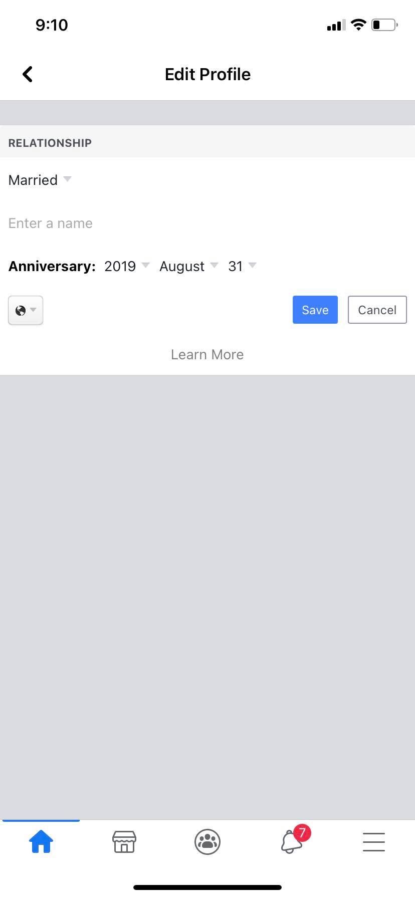 screenshot of Facebook relationship status