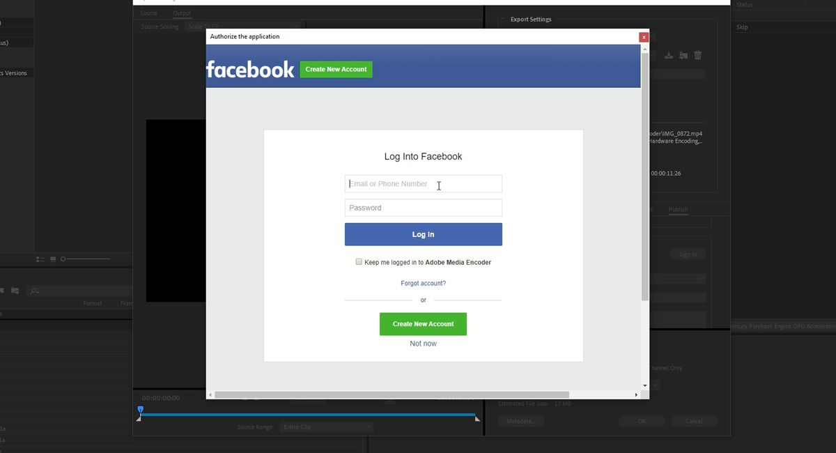 Logging into Facebook to Authorize Adobe Media Encoder