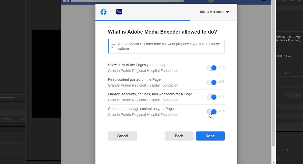 Facebook Permissions for Adobe Media Encoder