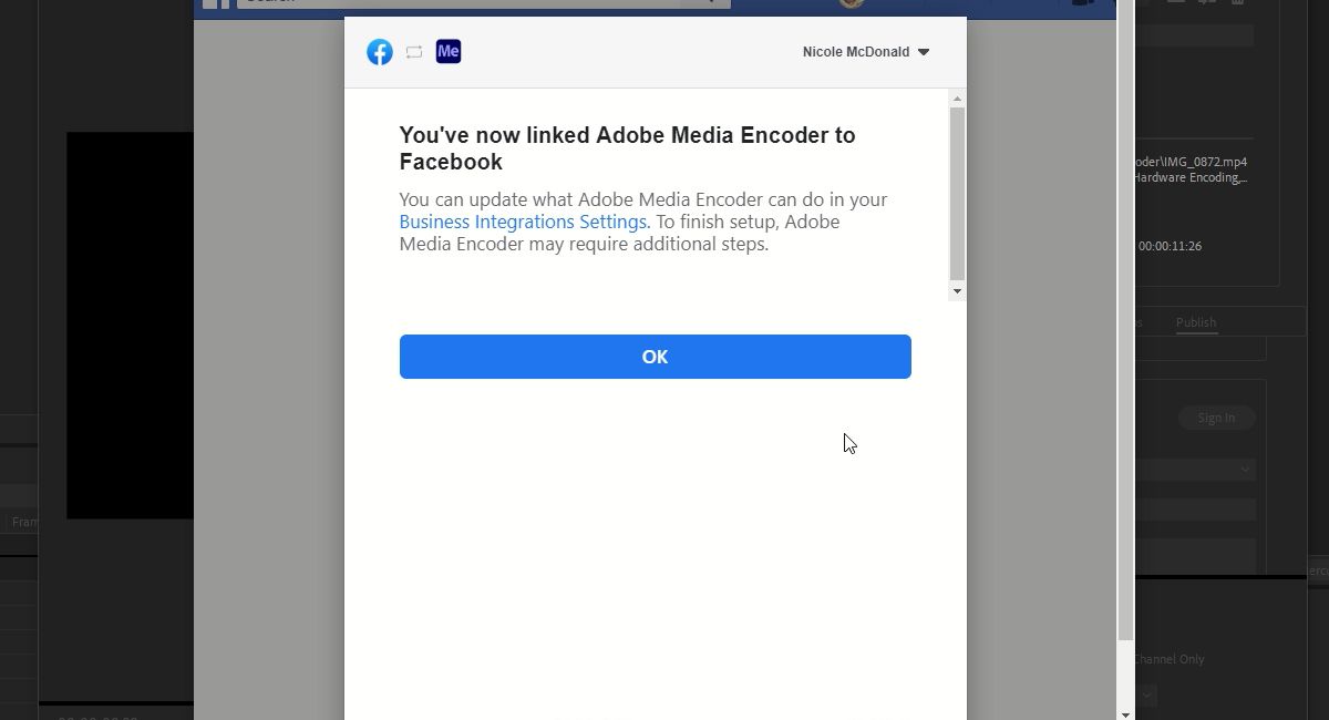 Access Granted to Facebook for Adobe Media Encoder