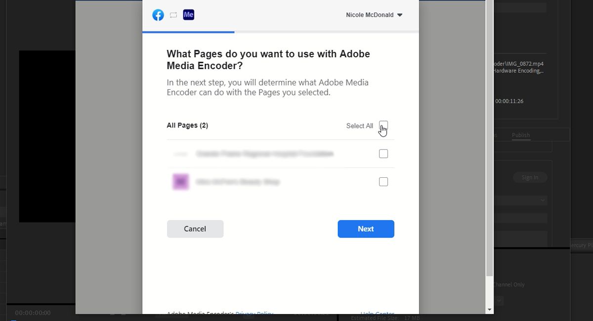 Selecting the Facebook Account to Connect to Adobe Media Encoder