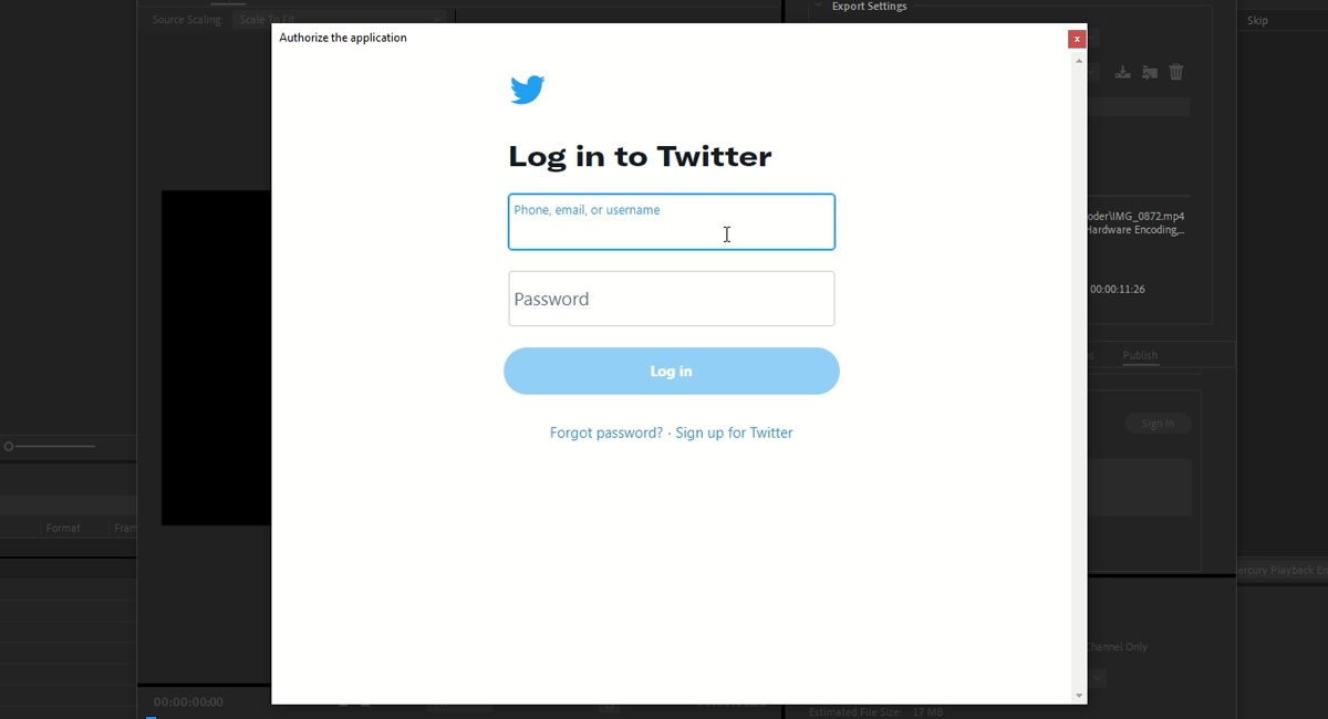 Sign into Twitter through Adobe Media Encoder