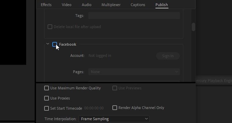 Facebook checkbox Adobe Media Encoder