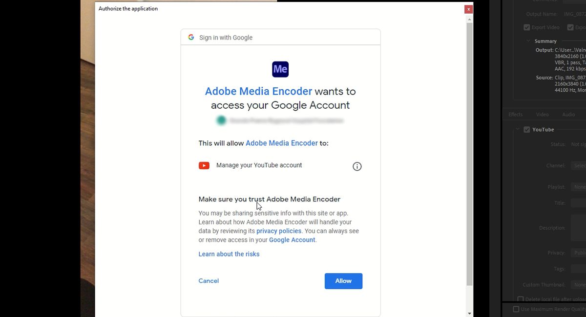 Allow Adobe Media Encoder Access to YouTube