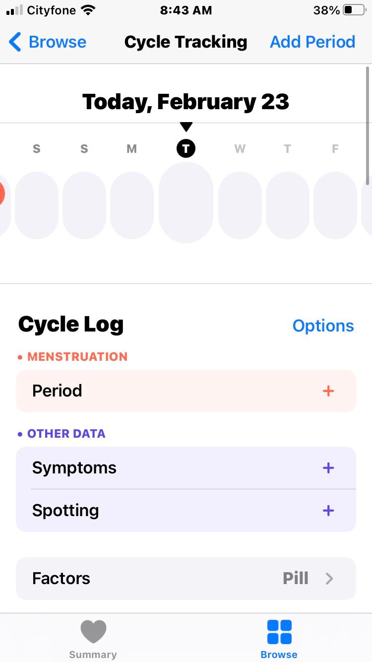 Apple Health cycles logging screenshot.