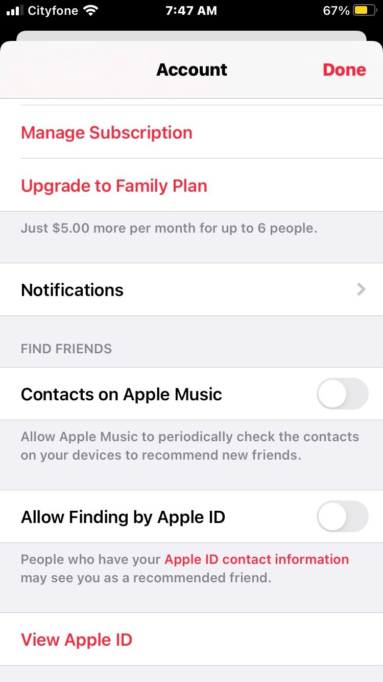 Apple Music Account Options Screenshot