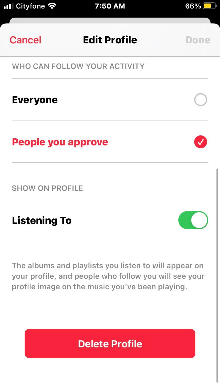 Apple Music Profile Options Screenshot