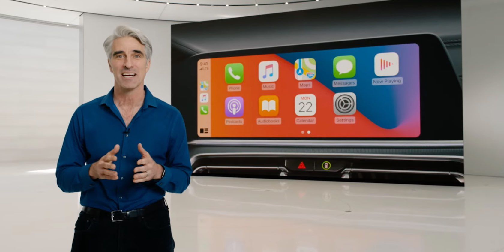 A still from the prerecorded WWDC 2020 presentation showing Craig Federighi, Apple's Senior Vice President of Software Engineering, in front of a CarPlay slide