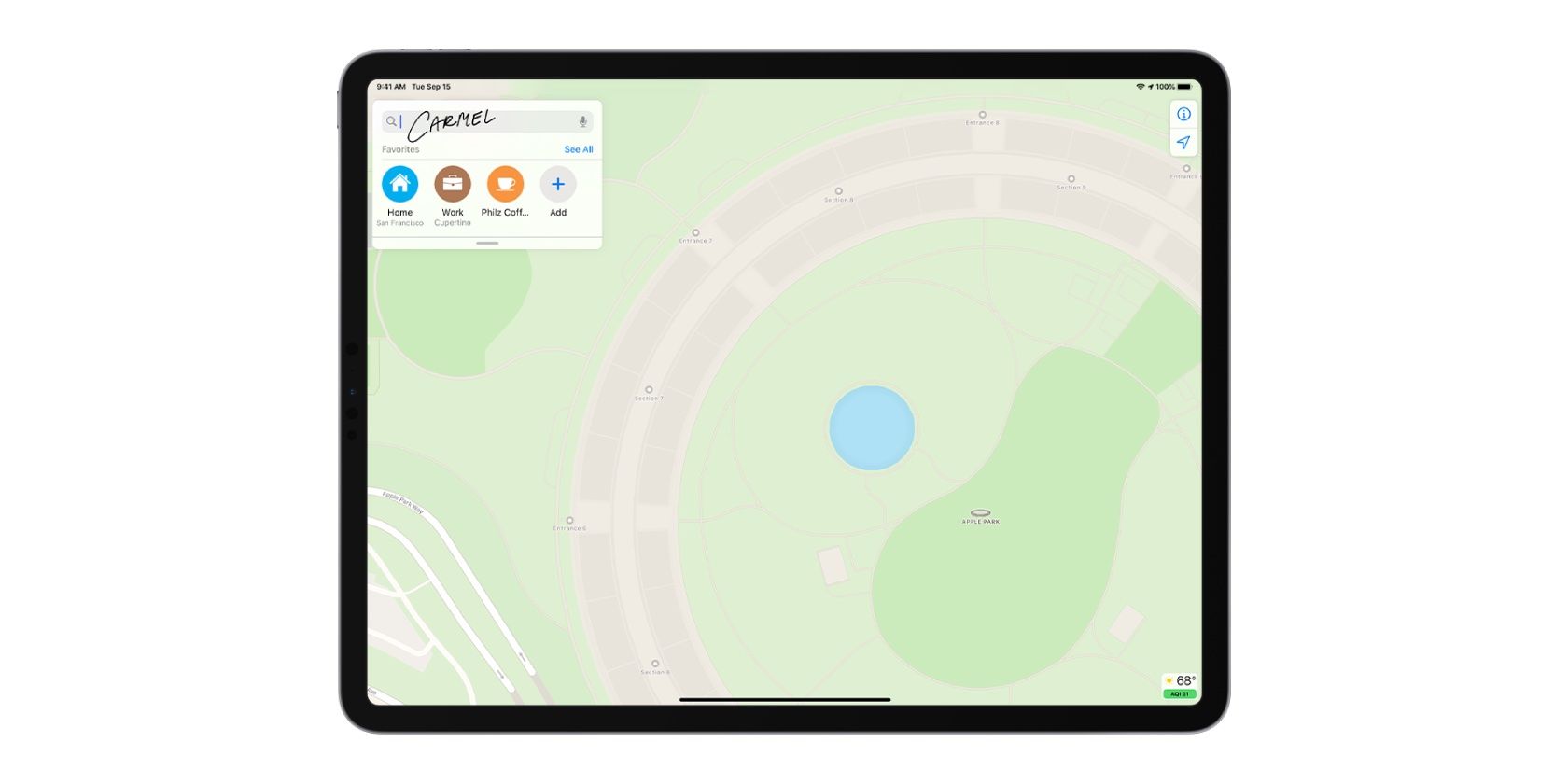 An image illustrating Apple's Maps app running on an iPad Pro and featuring Scribble handwriting in the search field