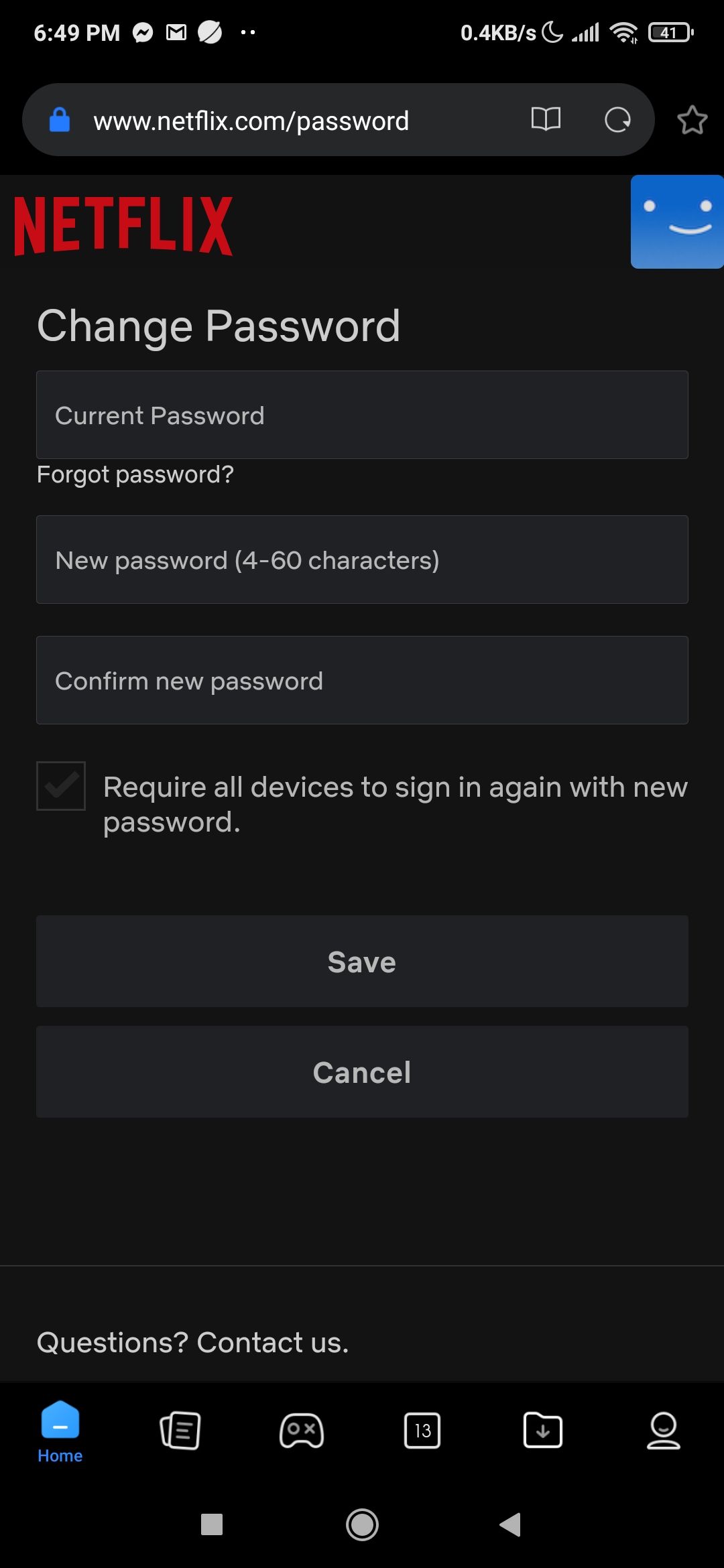 Netflix change password