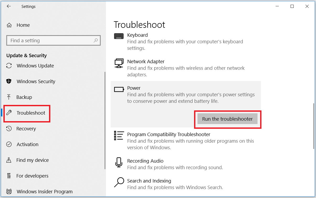 Checking Power settings with troubleshooter