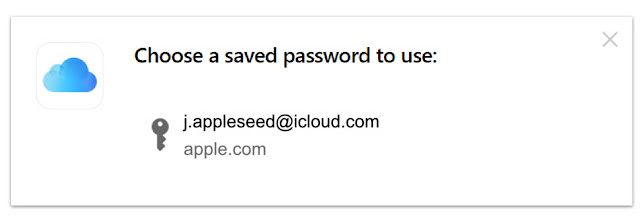 A screenshot of Apple's Chrome Passwords extension showing an iCloud Keychain password login prompt in Google Chrome