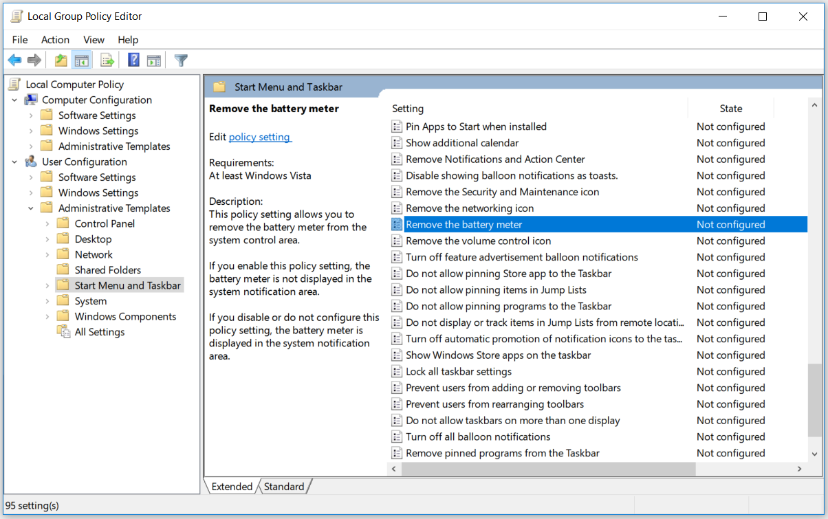 Clicking Remove the battery meter in Local Group Policy