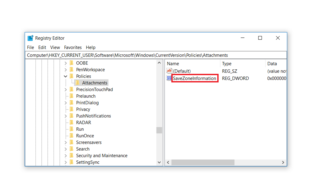 Creating a new key called SaveZoneInformation in Registry Editor