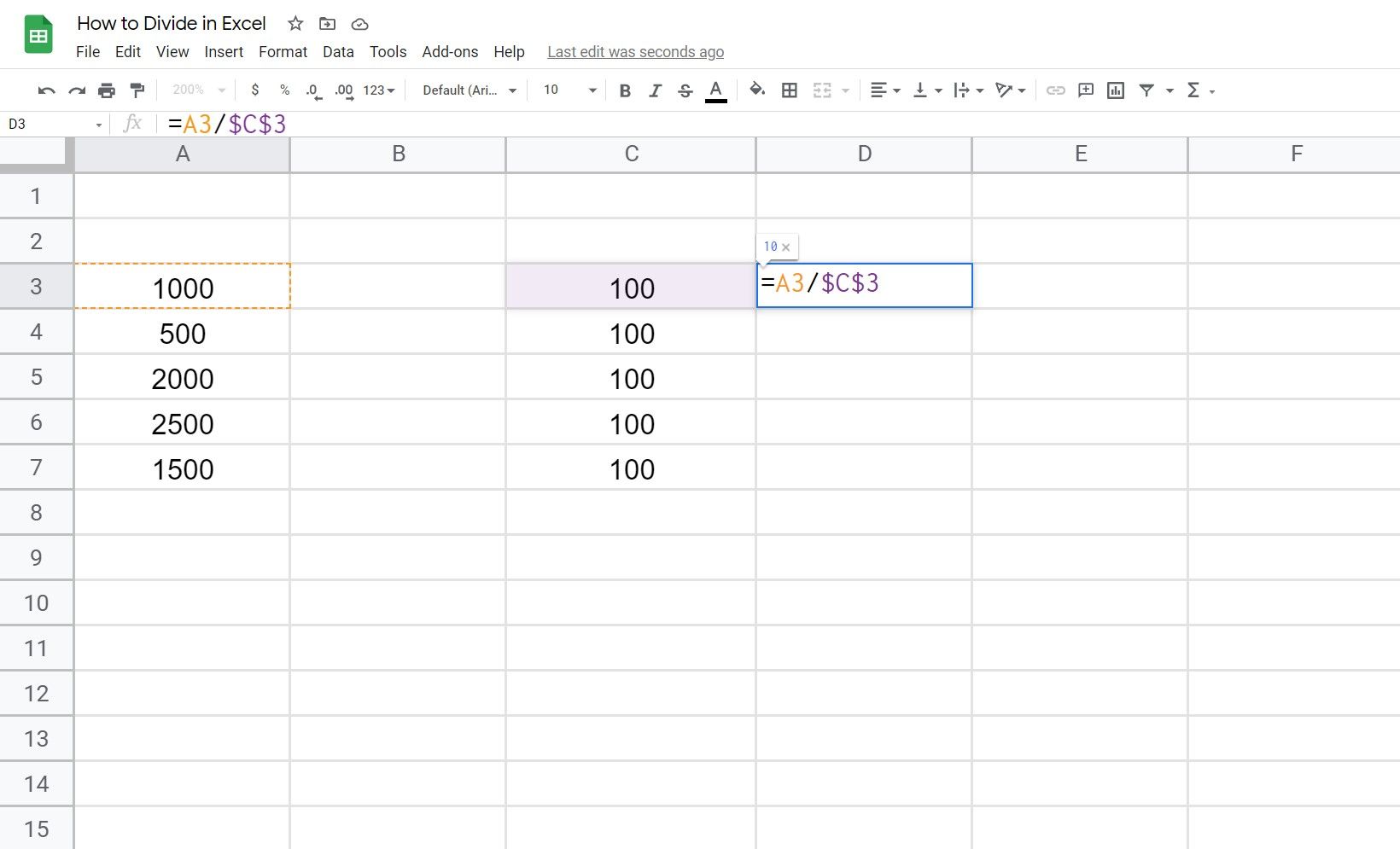 dividing in Excel
