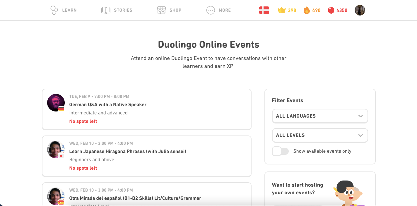 Duolingo Events Tab