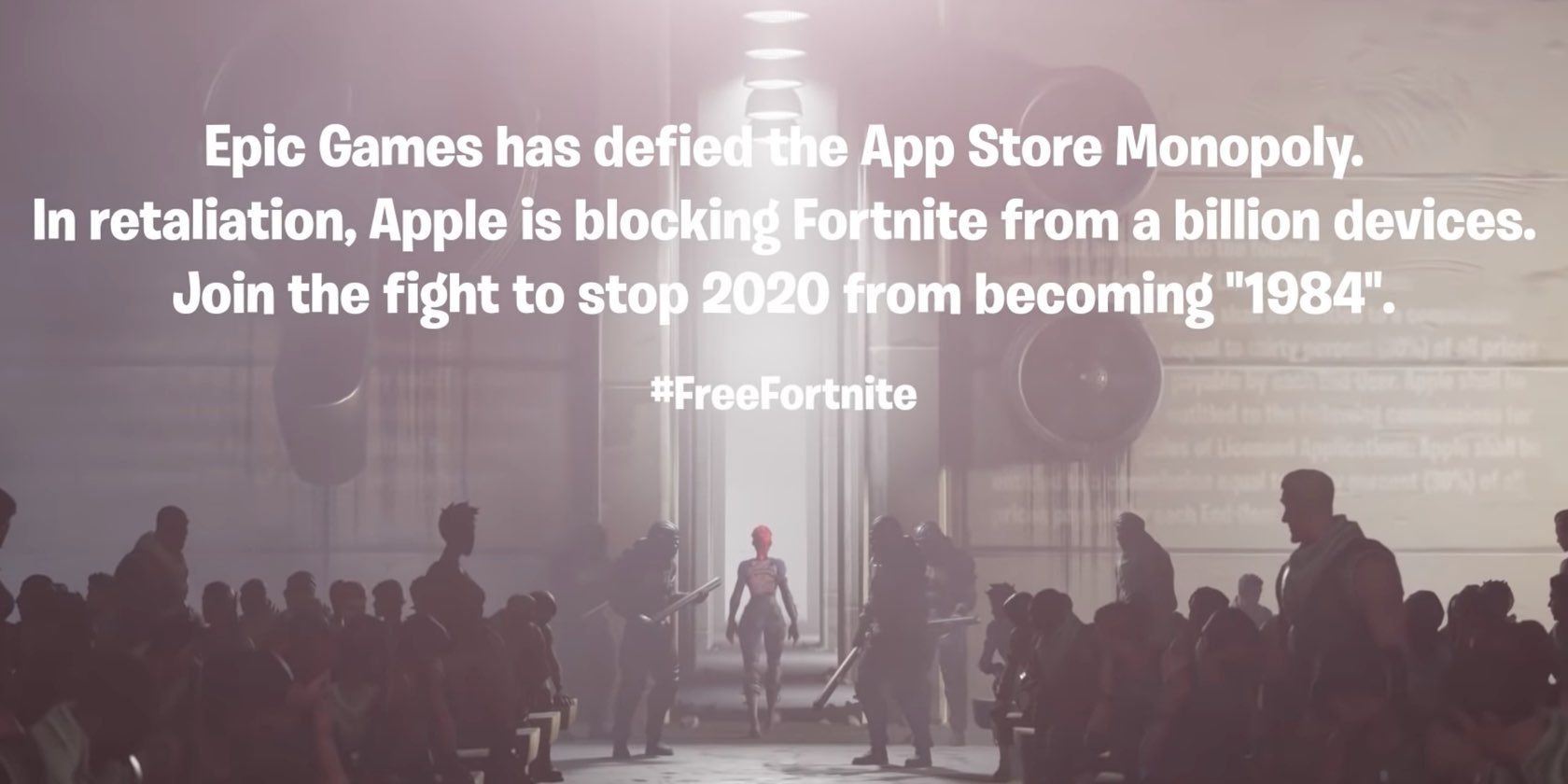 A still from a Free Fortnite video by Epic Games announcing its legal fight against the App Store fees and terms of business