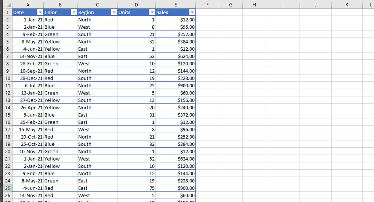 Example Data for Excel Pivot Table Creation
