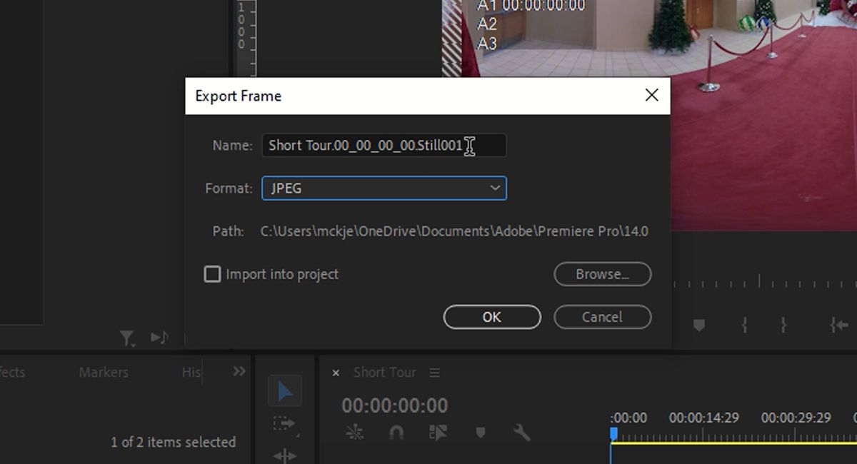 Export Frame Pop Up in Premiere Pro