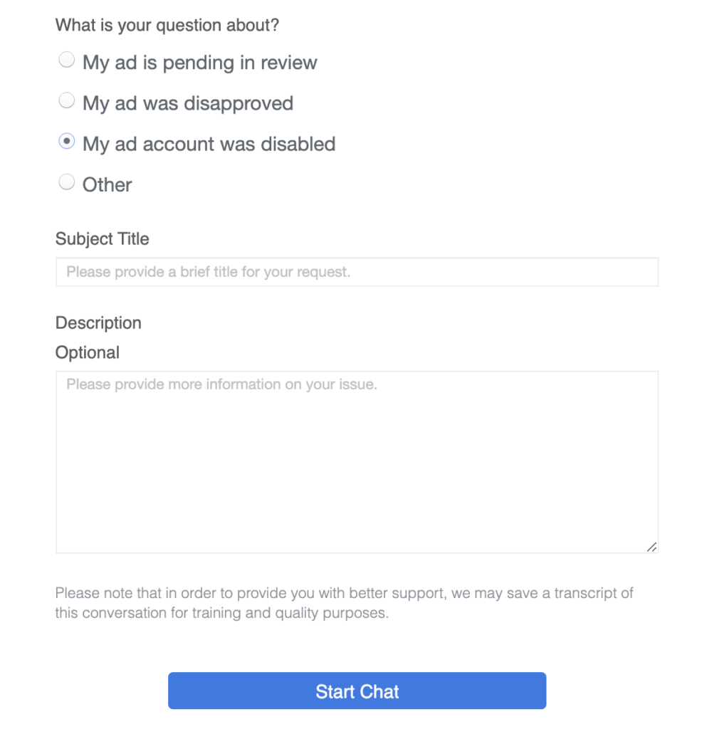 Facebook Ad Account Chat SupportForm