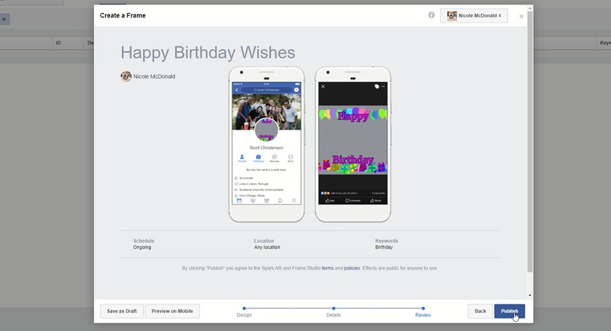Facebook Frame Review and Publish