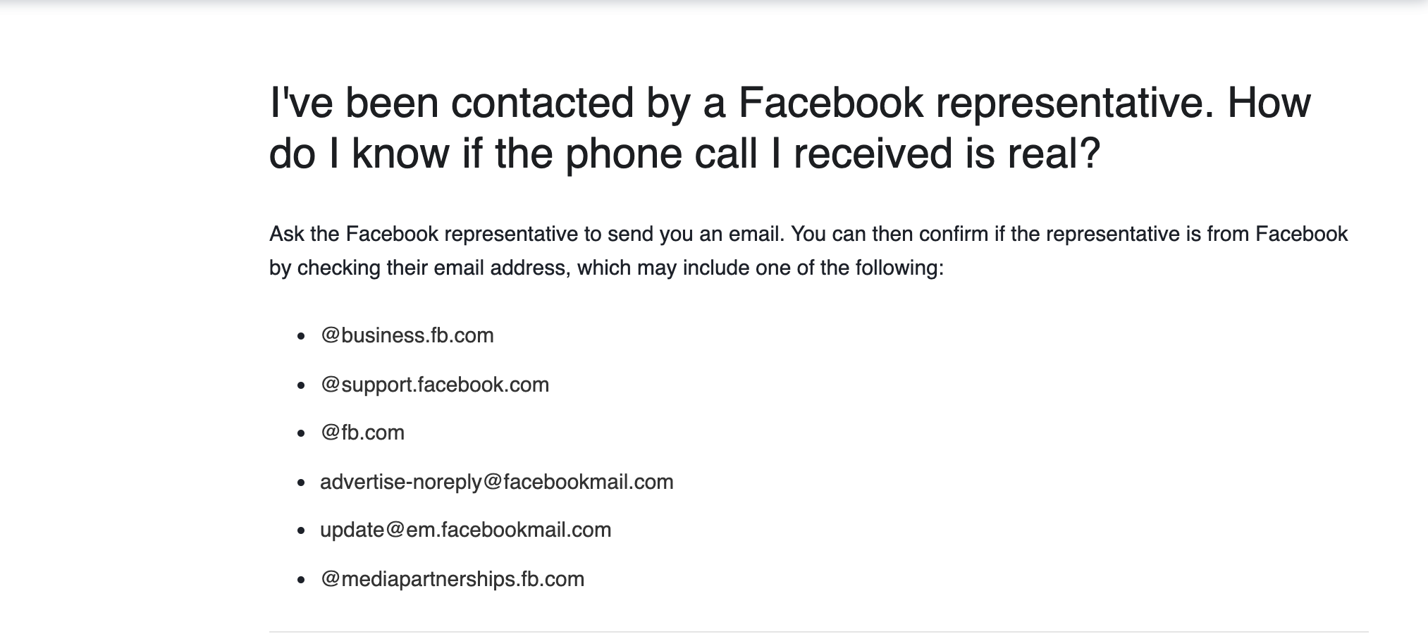 Facebook Representative Contact Details
