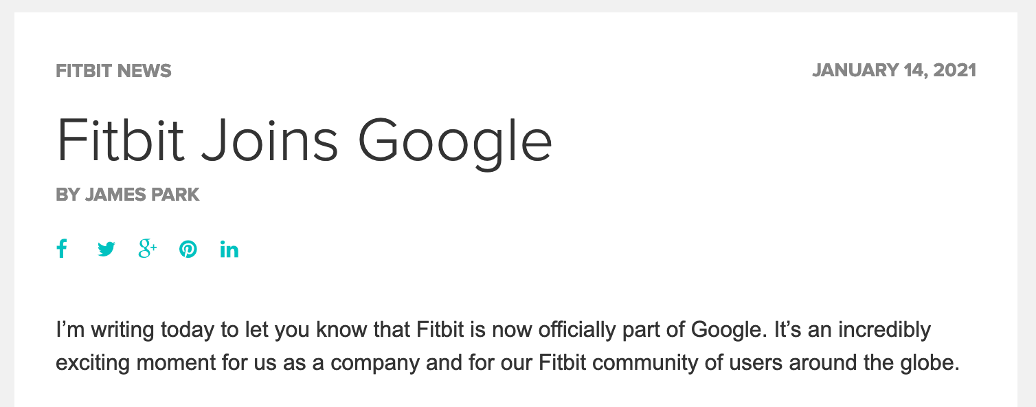 Screenshot of the Fitbit/Google press release
